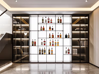Modern Wine Cabinet With Glass Shelves LED Lighting And Various Liquor Bottles 3d model
