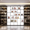 Modern Wine Cabinet With Glass Shelves LED Lighting And Various Liquor Bottles