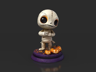 Cute Mummy Doll With Big Eyes Bandaged Body On Purple Base Small Pumpkins Halloween 3d model