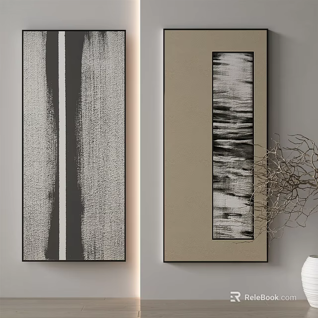 Abstract Vertical Paintings With Black White Gray Textures For Wall Decor And Dried Branches 3d model