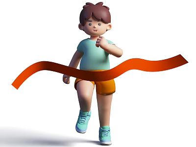 Young Boy In Light Blue Shirt And Orange Shorts Running Through Red Finish Line Ribbon 3d model