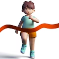 Young Boy In Light Blue Shirt And Orange Shorts Running Through Red Finish Line Ribbon