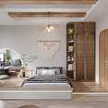 Modern Bedroom Interior With Wooden Ceiling Beams Gray Curtains Large Windows And Green Plants