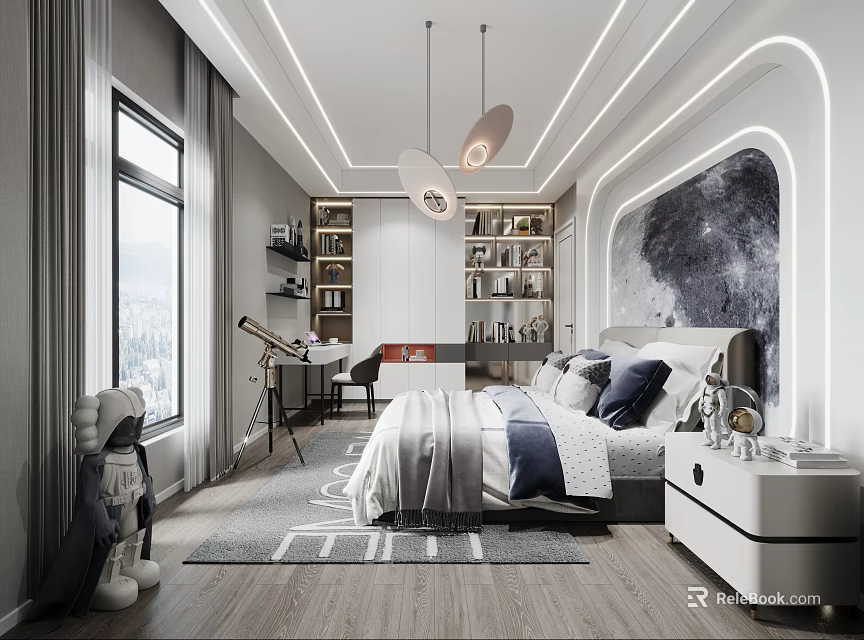 Modern Kids Room Interior With Moon Wall Decor Desk Bookshelves Bed And Pendant Lights 3d model 