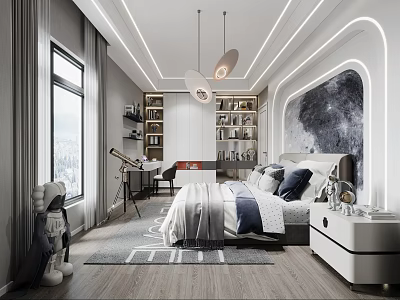 Modern Kids Room Interior With Moon Wall Decor Desk Bookshelves Bed And Pendant Lights 3d model