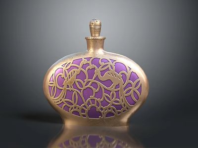 Golden Decorative Perfume Bottle With Purple Background And Intricate Hollow Out Pattern 3d model