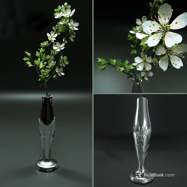 Modern Glass Vase With White Flowers And Green Leaves For Home Decor 3d model 