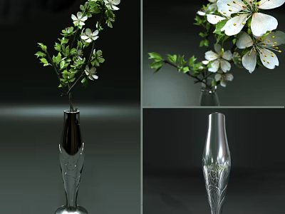 Modern Glass Vase With White Flowers And Green Leaves For Home Decor 3d model