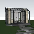 Garden Greenhouse With Glass Walls Black Frame Wooden Trim Indoor Plants And Outdoor Grass