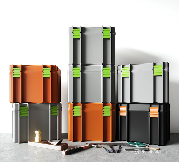 Stackable Multicolor Storage Cabinets With Green Latches And Tools 3d model 