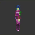 Anime Style Female Character With Purple Hair Red And White Outfit 3D Model Blue Accents