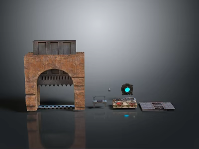 Vintage Industrial Landscape With Ancient Brick Archway Small Mechanical Devices And Gray Backdrop 3d model