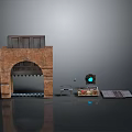 Vintage Industrial Landscape With Ancient Brick Archway Small Mechanical Devices And Gray Backdrop