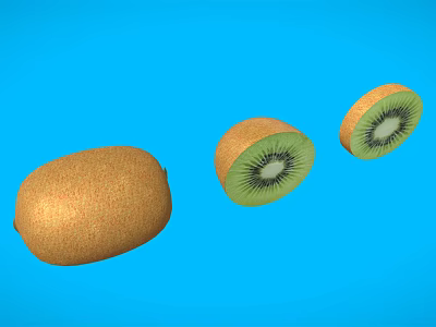 Fresh Whole Kiwi and Sliced Kiwi with Green Flesh on Blue Background 3d model