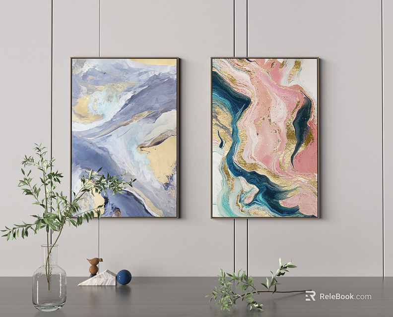 Framed Abstract Paintings With Blue Pink Gold Fluid Color Patterns For Modern Wall Decor 3d model 