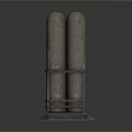Four Cylindrical Metal Storage Cans On Metal Rack With Warning Signs Worn Surface And Shiny Base
