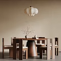 Modern Dining Table Set with Wooden Chairs Pendant Light and Decorative Vase