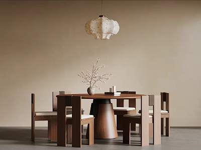 Modern Dining Table Set with Wooden Chairs Pendant Light and Decorative Vase 3d model