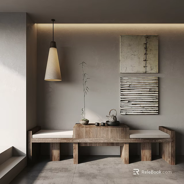 Natural Tea Nook With Wooden Table Tea Set Small Plant Hanging Lamp And Decorative Paintings 3d model 