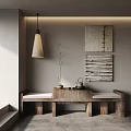 Natural Tea Nook With Wooden Table Tea Set Small Plant Hanging Lamp And Decorative Paintings