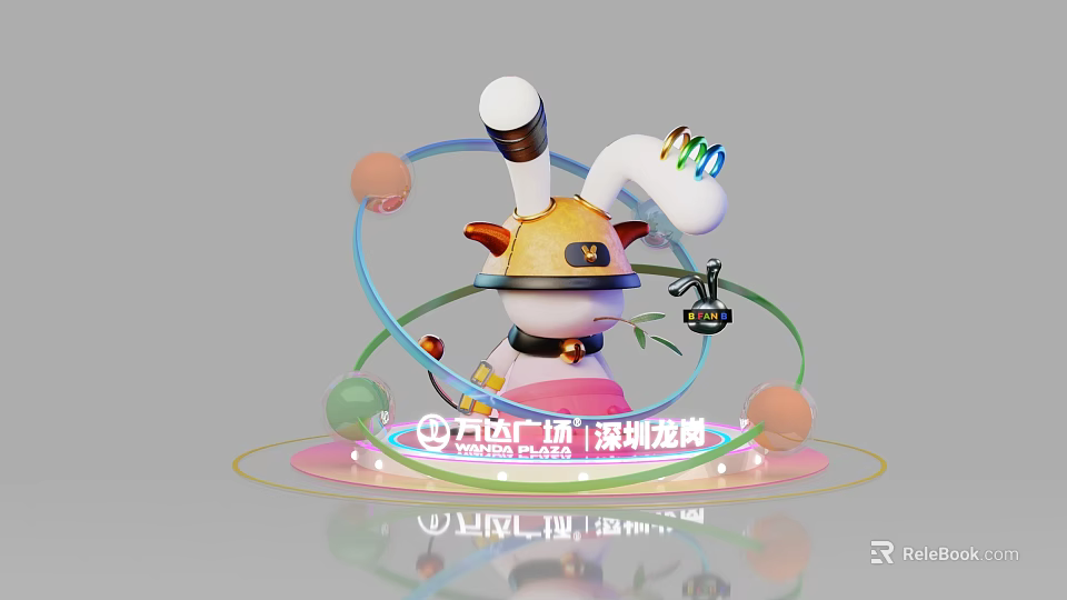 Cartoon Rabbit Character With Colorful Rings And Spheres For Commercial Plaza 3d model