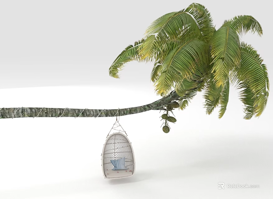 Palm Tree With Long Branch Lush Green Leaves And Hanging Decorative Birdcage Swing 3d model 