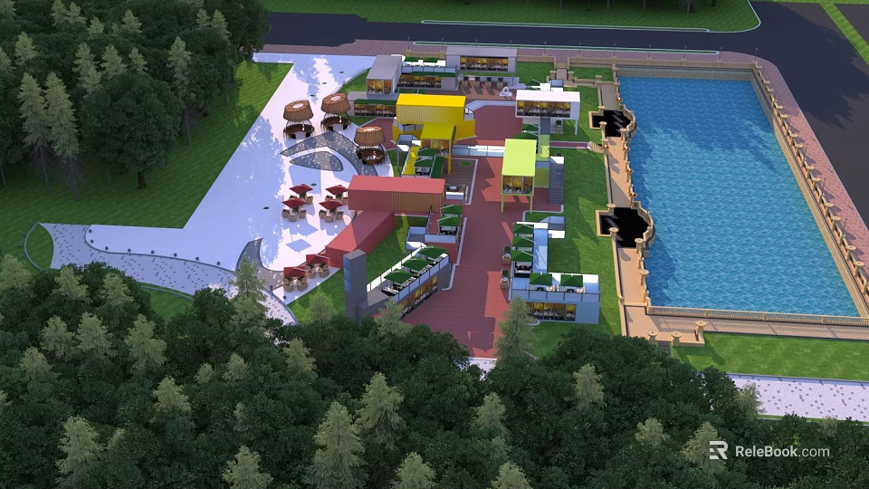 Scenic Commercial Street With Lush Greenery Colorful Buildings And Lakeside Dining Area 3d model 