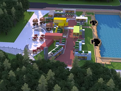 Scenic Commercial Street With Lush Greenery Colorful Buildings And Lakeside Dining Area 3d model