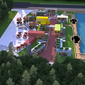 Scenic Commercial Street With Lush Greenery Colorful Buildings And Lakeside Dining Area