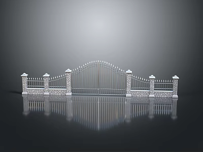 Elegant Iron Gate Furniture With Stone Pillars Decorative Spires And Ground Reflection 3d model