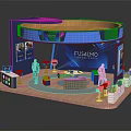 FUSALMO Blue Round Exhibition Booth With Wooden Interior Design People And Plants