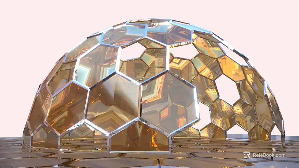 Shiny Golden Sphere Structure With Hexagonal Reflective Panels And Geometric Design 3d model 
