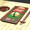 Traditional Sushi Serving Tray With Fresh Salmon Tuna Rolls Soy Sauce And Chopsticks