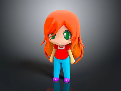 3D Cartoon Character With Orange Hair Green Eyes Red Shirt Blue Pants Purple Shoes 3d model