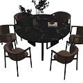 Modern Round Dining Table And Brown Chairs With Black Marble Top And Black Metal Legs