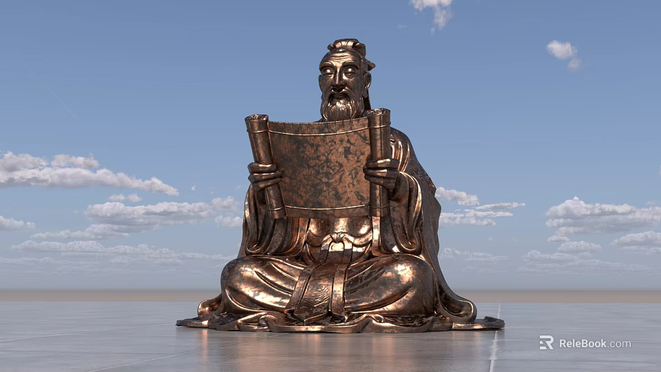 Landscape Sculpture of Seated Figure Holding Scroll Against Blue Sky With White Clouds 3d model 