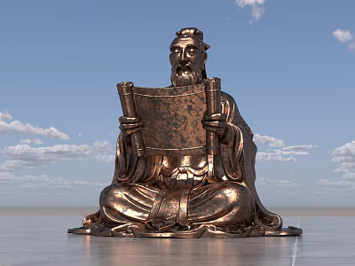 Landscape Sculpture of Seated Figure Holding Scroll Against Blue Sky With White Clouds 3d model