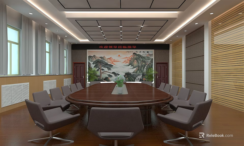 Spacious Conference Room Interior With Round Table Gray Chairs And Landscape Painting 3d model 
