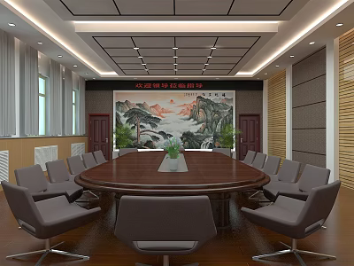 Spacious Conference Room Interior With Round Table Gray Chairs And Landscape Painting 3d model