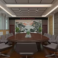 Spacious Conference Room Interior With Round Table Gray Chairs And Landscape Painting