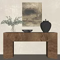 Wooden Console Table with Vase Plants Black Bowl Table Lamp and Wall Art