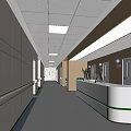 Modern Hospital Outpatient Clinic Corridor with Light Colored Walls Ceiling Lights and White Reception Desk