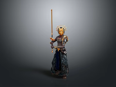 Warrior Figure With Golden Headdress Holding Long Staff And Ornate Armor 3d model