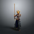 Warrior Figure With Golden Headdress Holding Long Staff And Ornate Armor