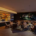 Tropical Café Interior Design With Wooden Tables Green Plants Pendant Lights And Bar Counter