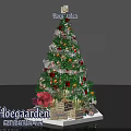 Decorated Christmas Tree With Sparkling Lights Red Orange Ornaments White Ribbons And Merry Christmas Base