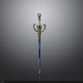 Elegant Ornate Decorative Sword With Blue Blade And Gold Embellished Hilt
