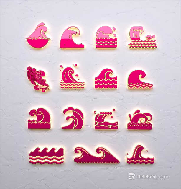 Artistic Red Wave Sculptures Featuring Various Designs Arranged On White Background 3d model