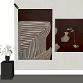 Abstract Paintings With Dark Brown Background White Lines And Vase Elements Hanging On Wall 3d model