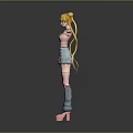 Anime Game Character With Long Blonde Twin Ponytails Pink Top Denim Skirt And Pink Boots